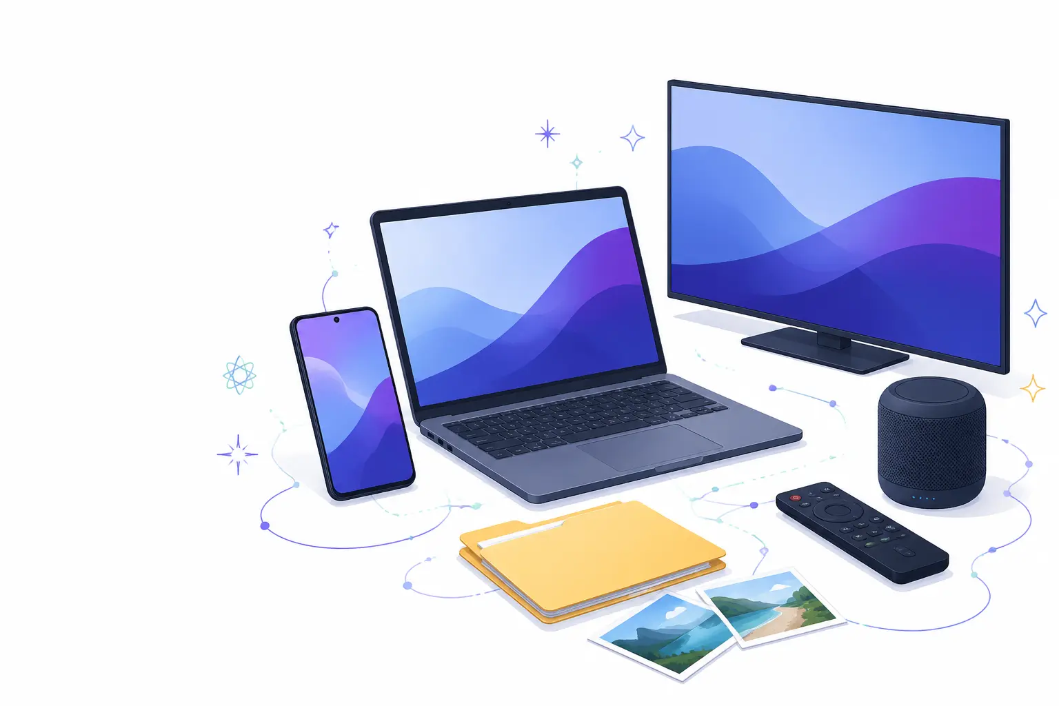 A laptop, Android phone, television, speaker, remote, files and photographs working together