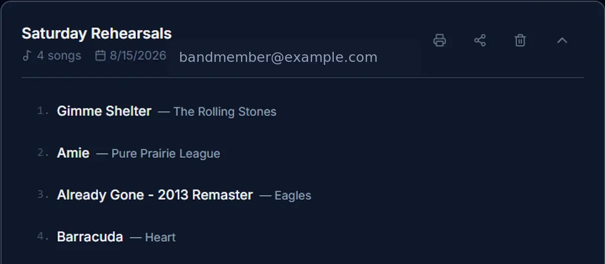 Sanitized rehearsal setlist showing four songs in performance order